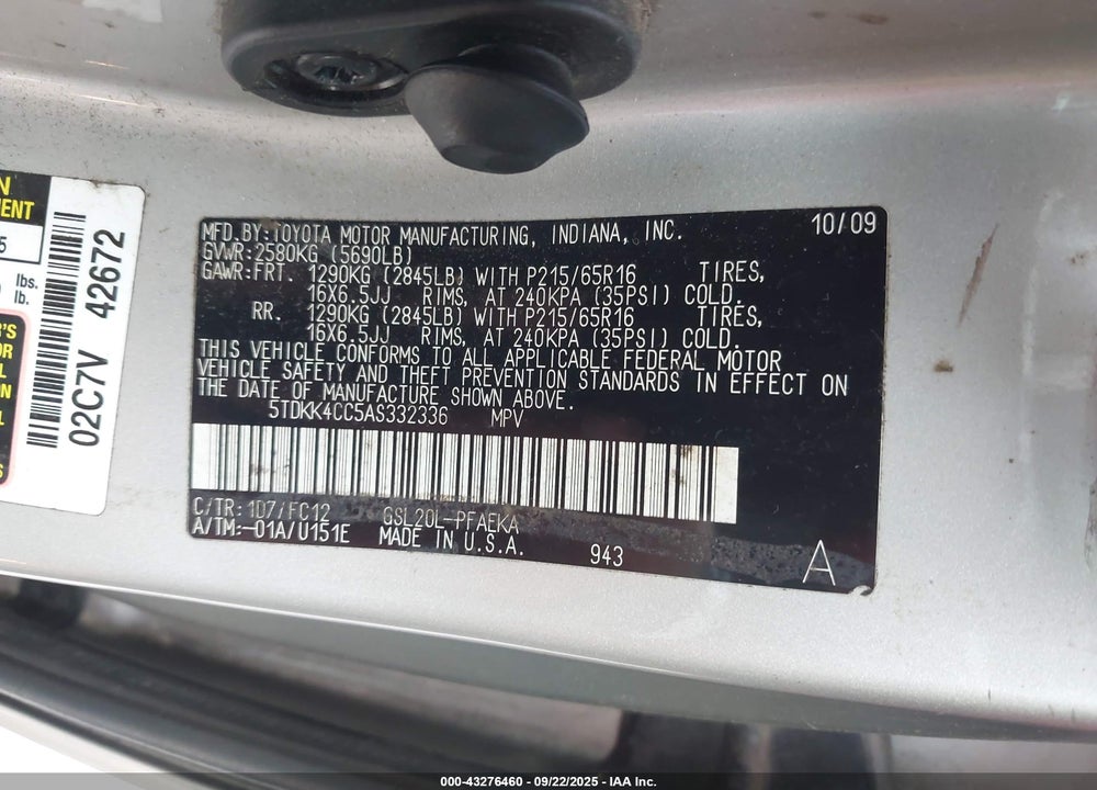 2010 TOYOTA SIENNA LE VIN: 5TDKK4CC5AS332336