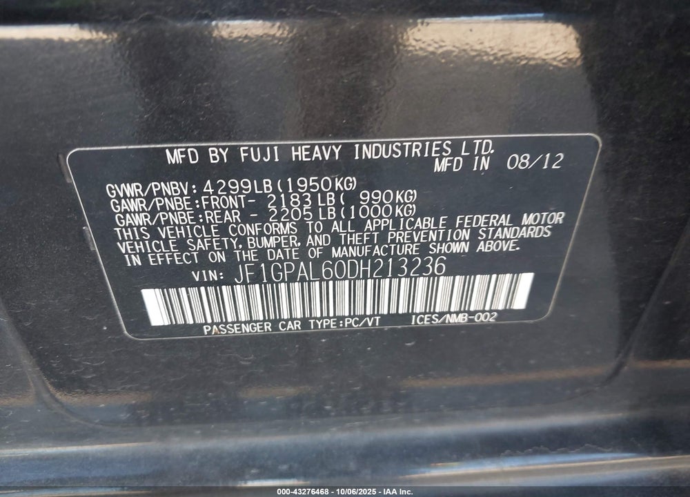 2013 SUBARU IMPREZA 2.0I SPORT PREMIUM VIN: JF1GPAL60DH213236