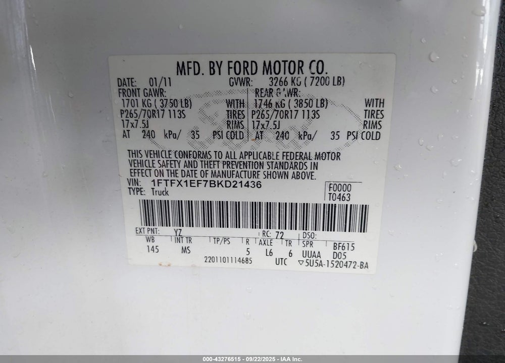 2011 FORD F-150 XLT VIN: 1FTFX1EF7BKD21436