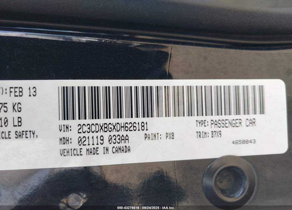 2013 DODGE CHARGER VIN: 2C3CDXBGXDH626181