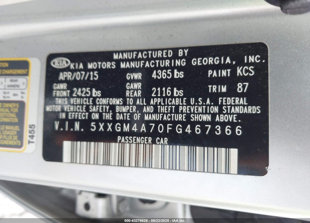 2015 KIA OPTIMA VIN: 5XXGM4A70FG467366
