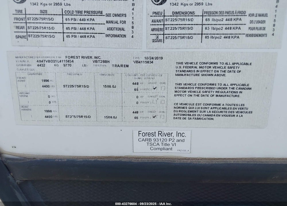 2020 FOREST RIVER OTHER VIN: 4X4TVBD21L4115834