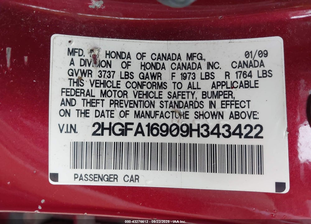 2009 HONDA CIVIC EX-L VIN: 2HGFA16909H343422
