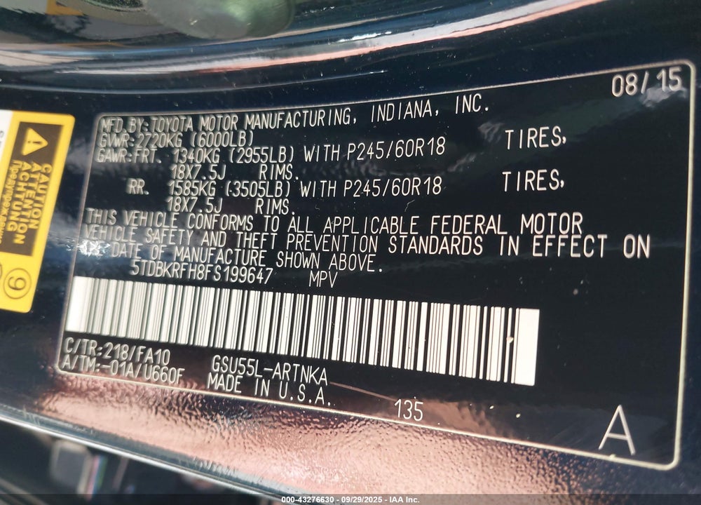 2015 TOYOTA HIGHLANDER LE PLUS V6 VIN: 5TDBKRFH8FS199647