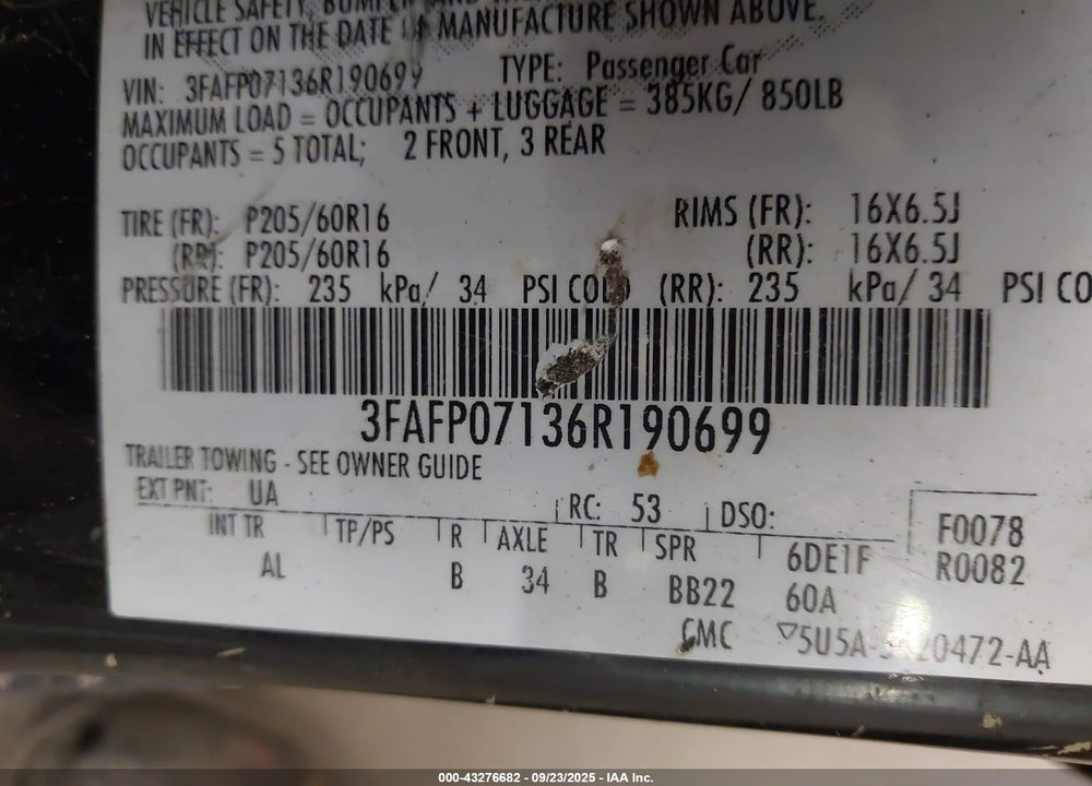 2006 FORD FUSION VIN: 3FAFP07136R190699