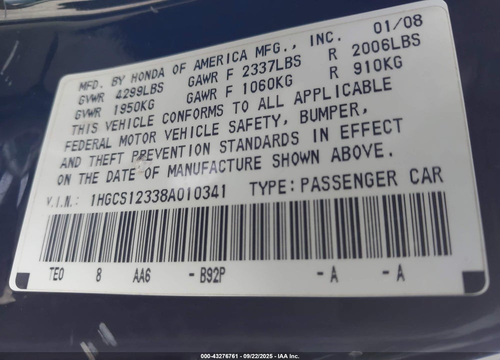 2008 HONDA ACCORD 2.4 LX-S VIN: 1HGCS12338A010341