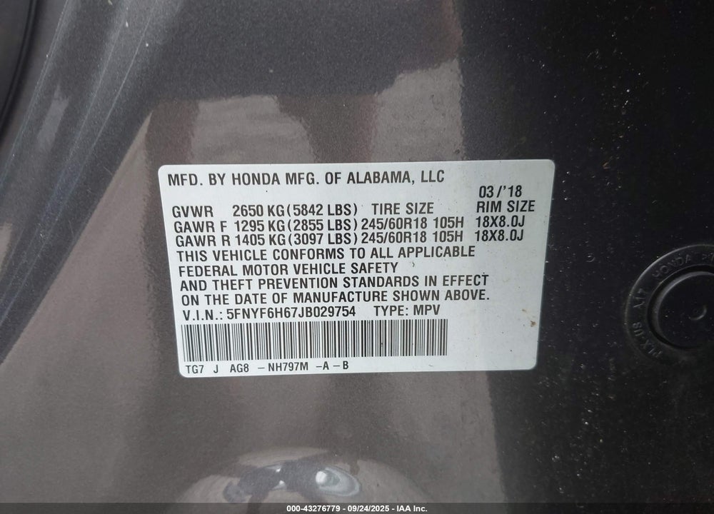 2018 HONDA PILOT VIN: 5FNYF6H67JB029754