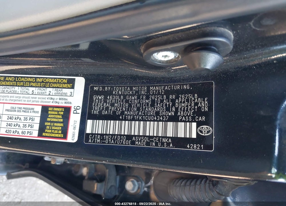 2012 TOYOTA CAMRY LE VIN: 4T1BF1FK1CU043437