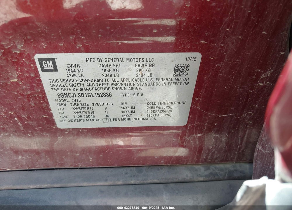 2016 CHEVROLET TRAX VIN: 3GNCJLSB1GL152836