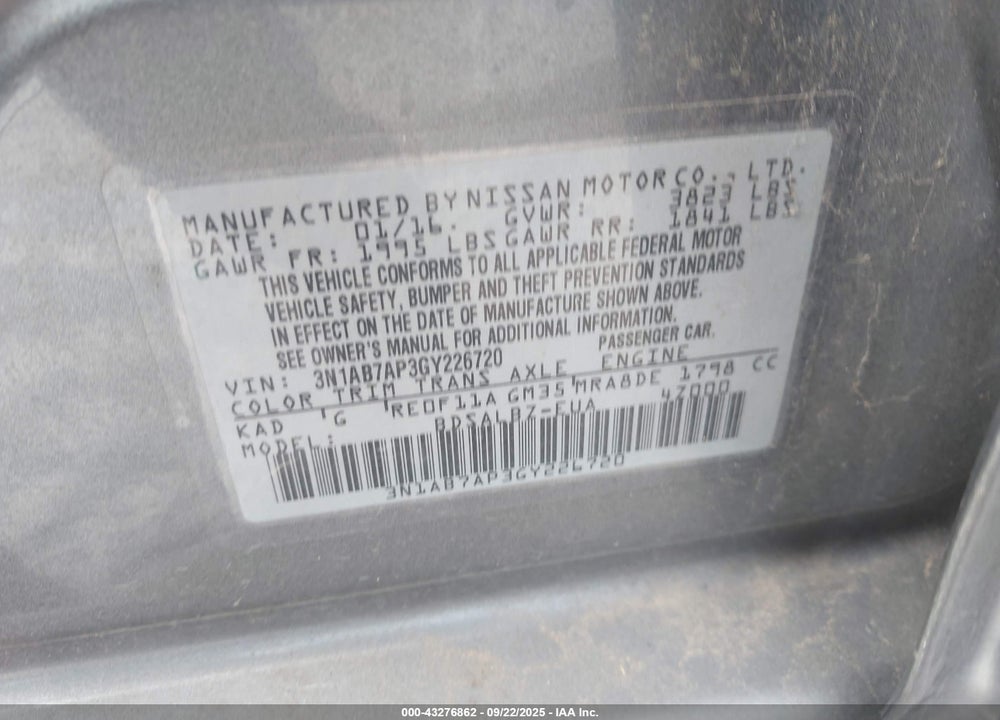 2016 NISSAN SENTRA S VIN: 3N1AB7AP3GY226720
