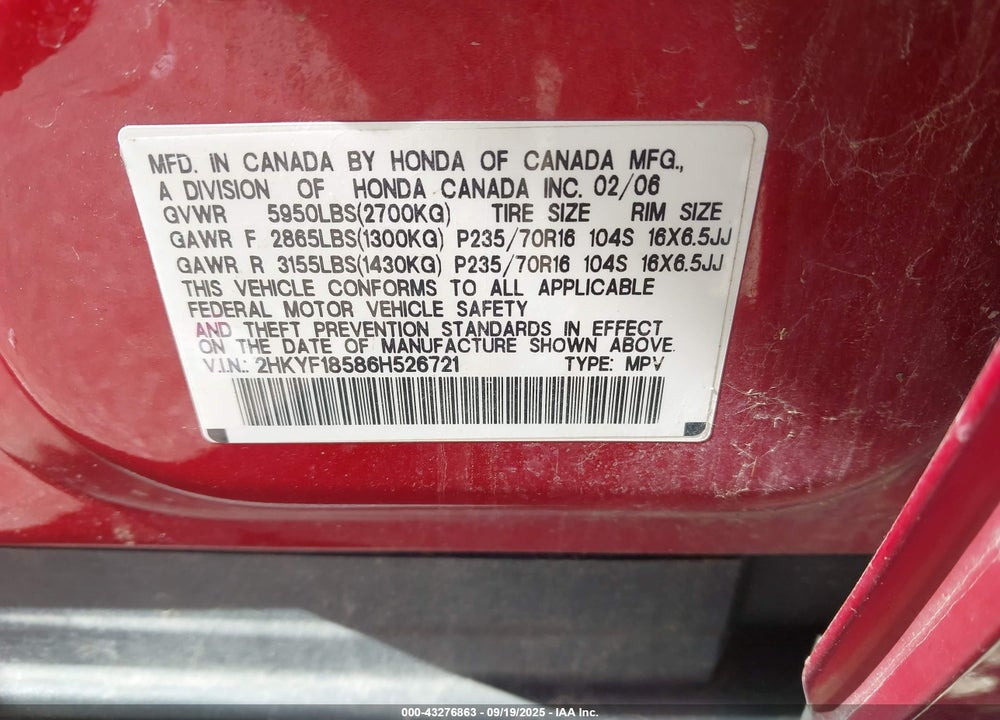 2006 HONDA PILOT EX-L VIN: 2HKYF18586H526721