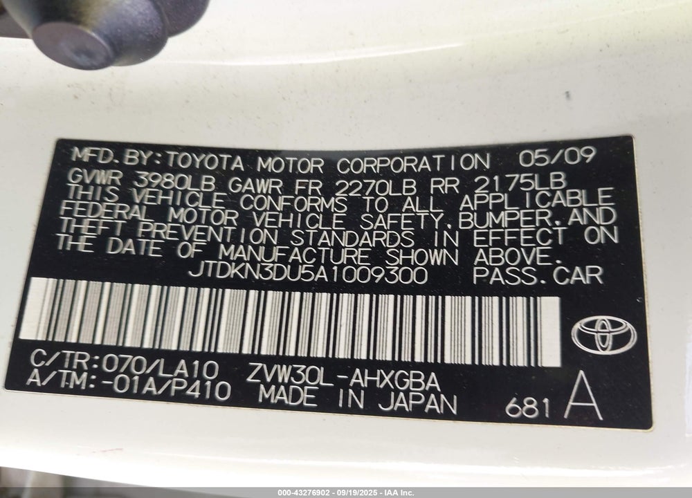 2010 TOYOTA PRIUS IV VIN: JTDKN3DU5A1009300