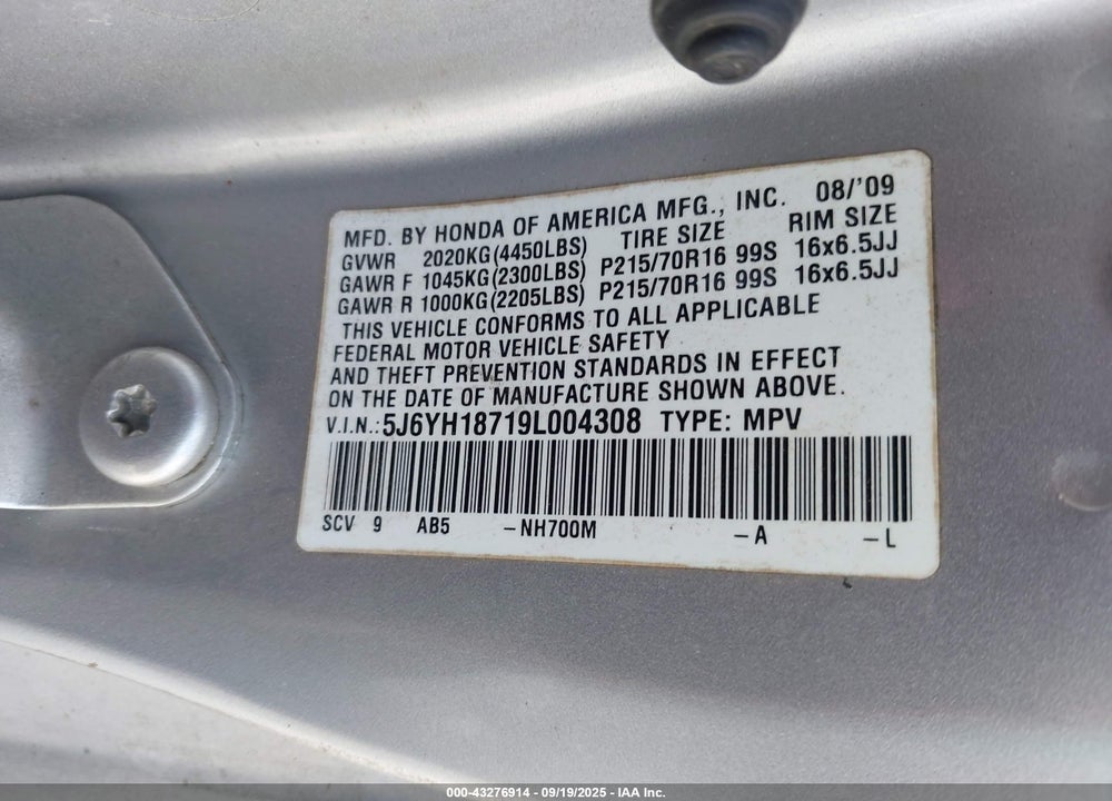 2009 HONDA ELEMENT VIN: 5J6YH18719L004308