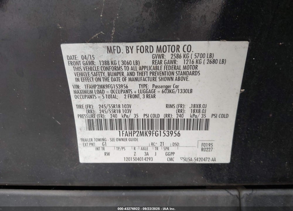 2015 FORD POLICE INTERCEPTOR VIN: 1FAHP2MK9FG153956