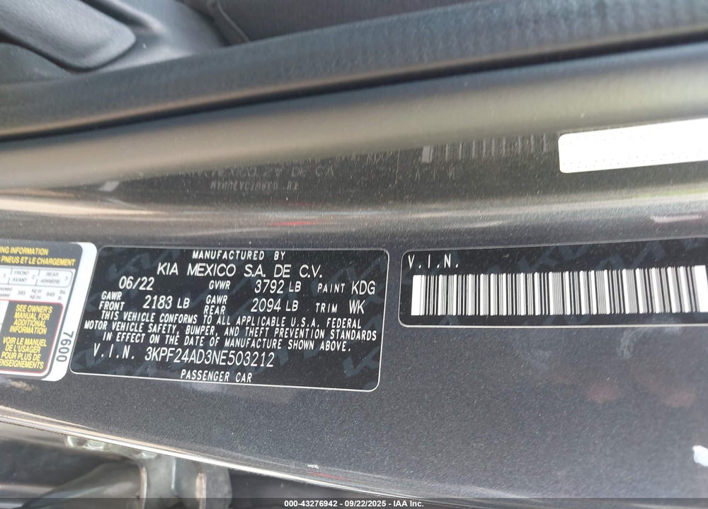 2022 KIA FORTE FE VIN: 3KPF24AD3NE503212