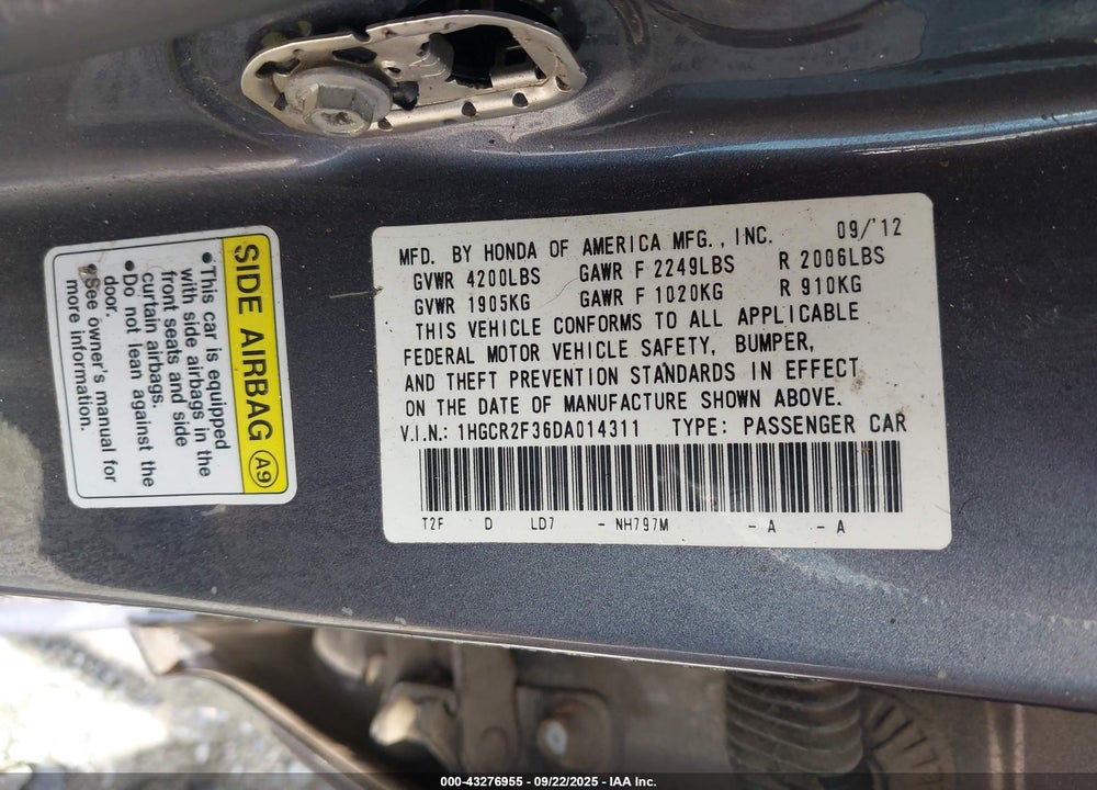 2013 HONDA ACCORD LX VIN: 1HGCR2F36DA014311