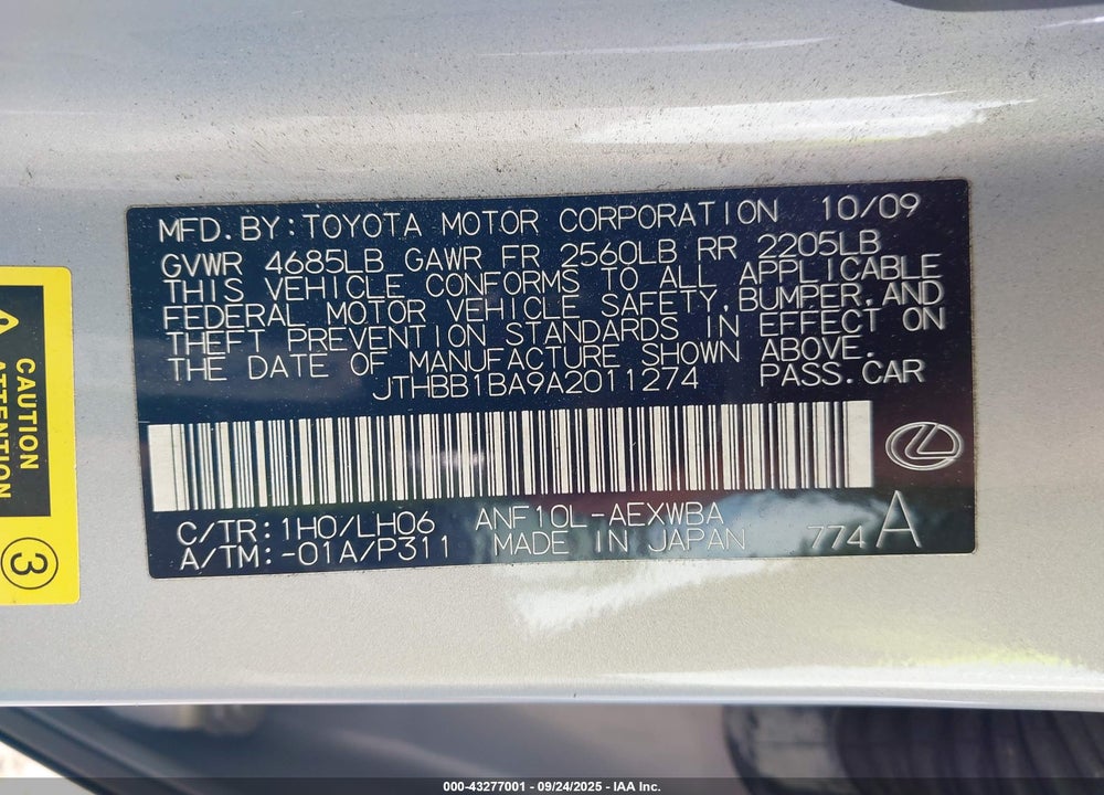 2010 LEXUS HS 250H VIN: JTHBB1BA9A2011274