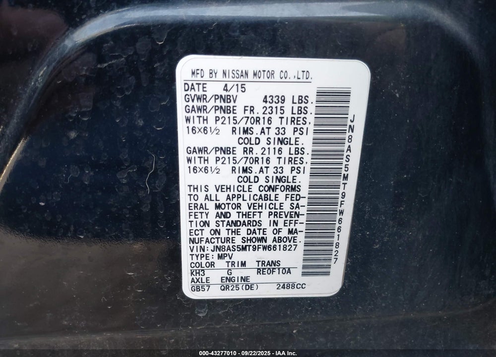 2015 NISSAN ROGUE SELECT VIN: JN8AS5MT9FW661827