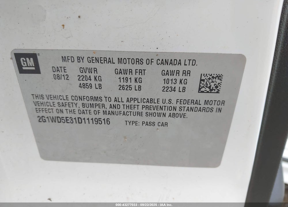 2013 CHEVROLET IMPALA POLICE VIN: 2G1WD5E31D1119516