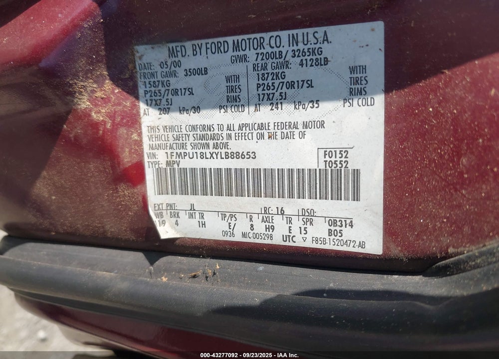 2000 FORD EXPEDITION EDDIE BAUER VIN: 1FMPU18LXYLB88653