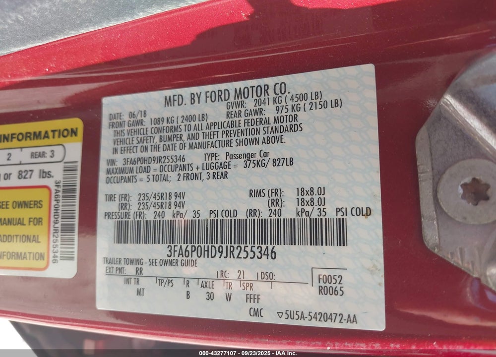2018 FORD FUSION VIN: 3FA6P0HD9JR255346