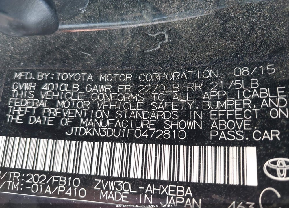 2015 TOYOTA PRIUS TWO VIN: JTDKN3DU1F0472810