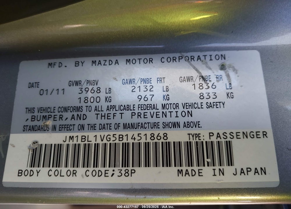 2011 MAZDA 3 VIN: JM1BL1VG5B1451868