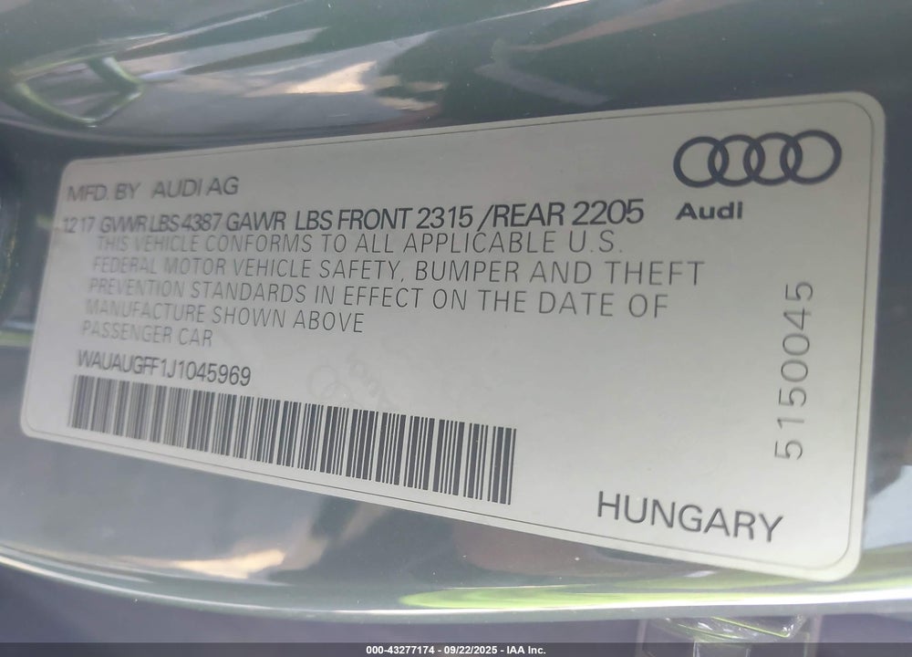 2018 AUDI A3 VIN: WAUAUGFF1J1045969