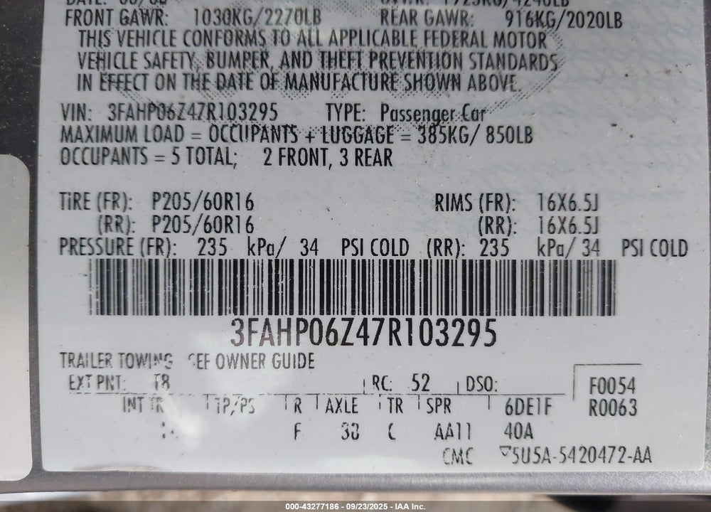 2007 FORD FUSION VIN: 3FAHP06Z47R103295