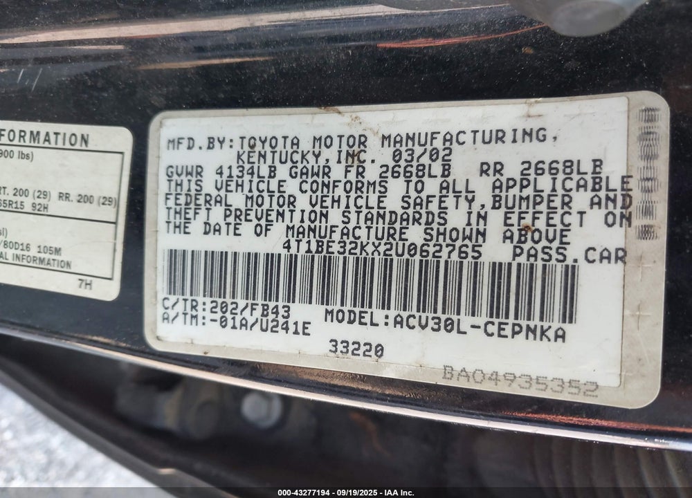 2002 TOYOTA CAMRY LE VIN: 4T1BE32KX2U062765