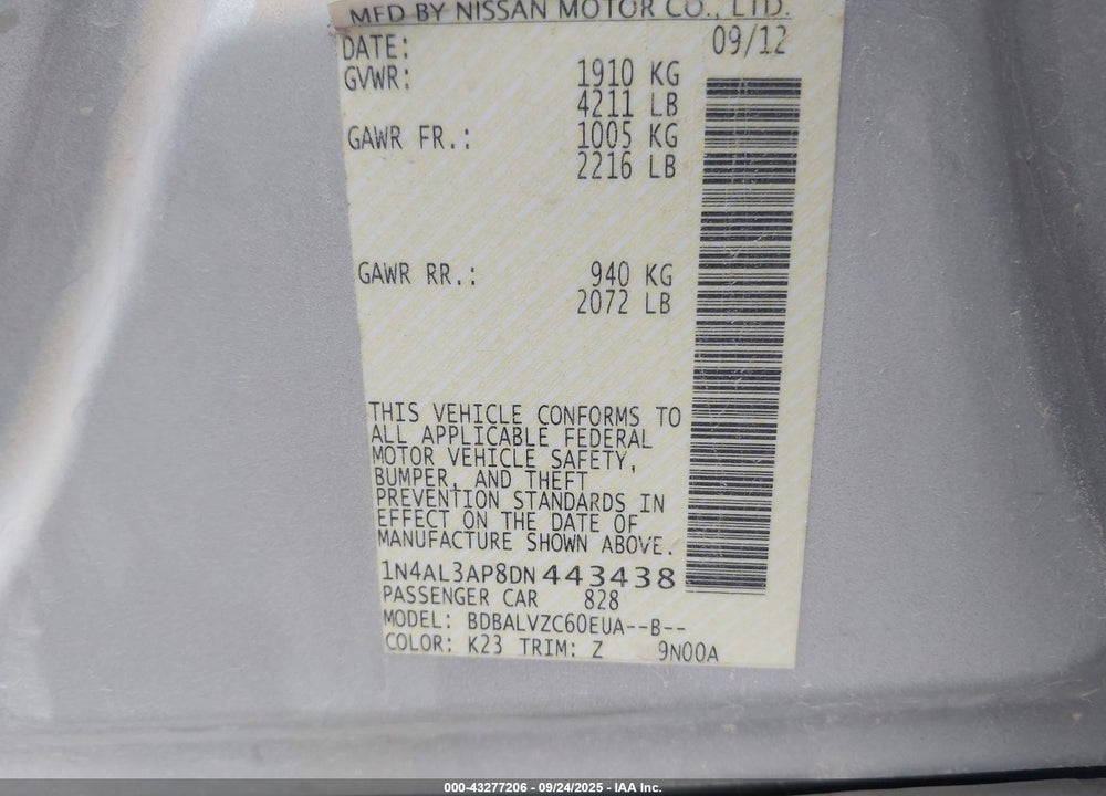 2013 NISSAN ALTIMA VIN: 1N4AL3AP8DN443438