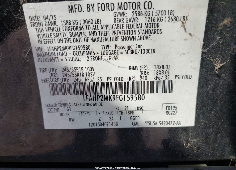 2015 FORD POLICE INTERCEPTOR UTILITY VIN: 1FAHP2MK9FG159580