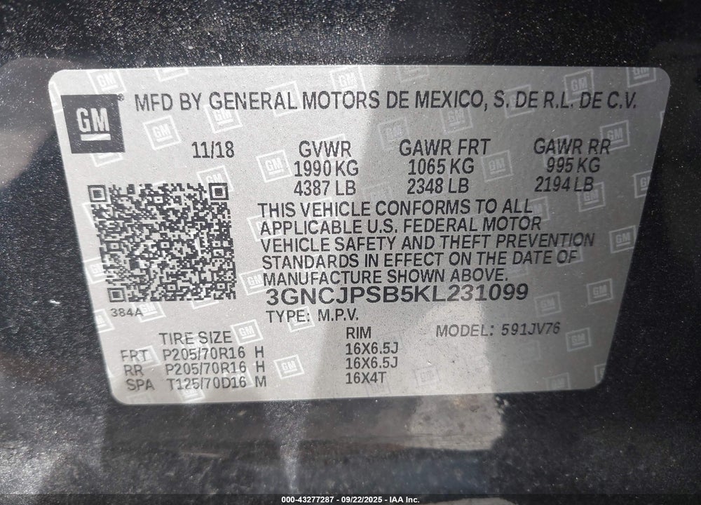 2019 CHEVROLET TRAX LT VIN: 3GNCJPSB5KL231099