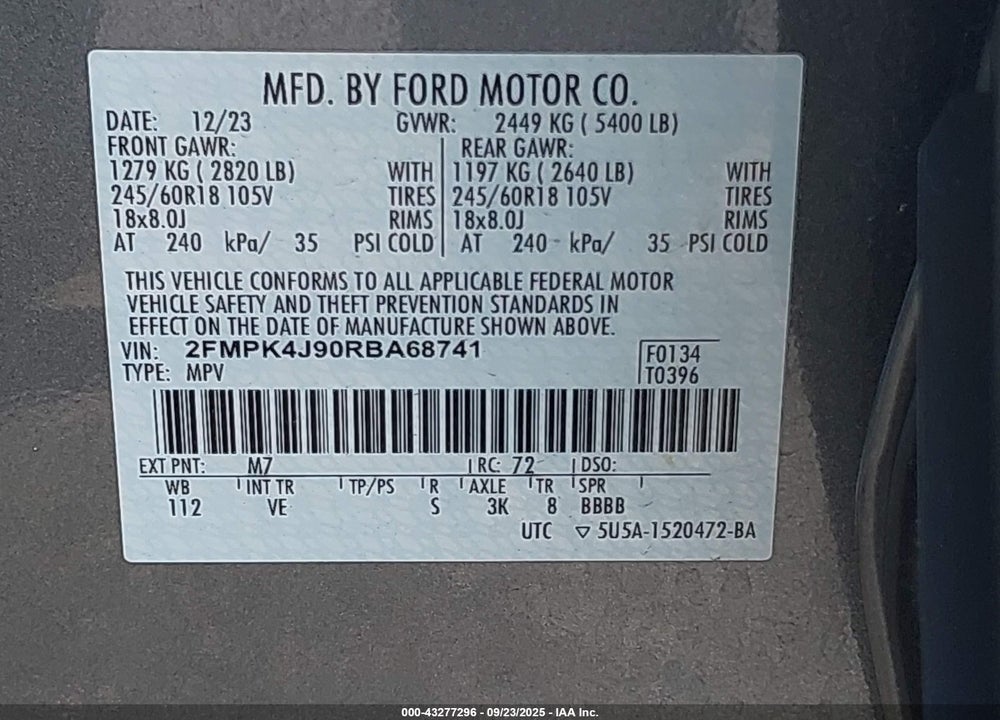 2024 FORD EDGE VIN: 2FMPK4J90RBA68741