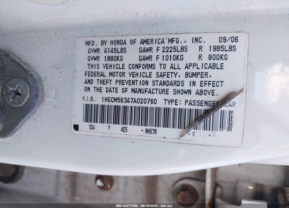 2007 HONDA ACCORD VIN: 1HGCM56347A020760