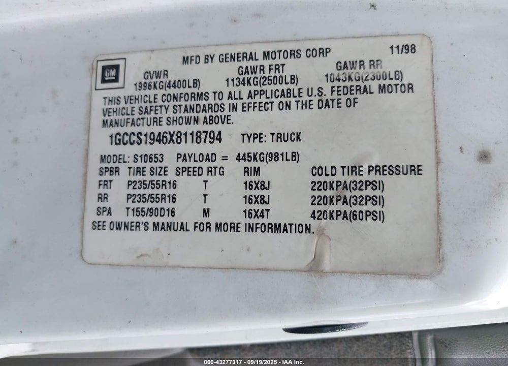 1999 CHEVROLET S-10 LS VIN: 1GCCS1946X8118794