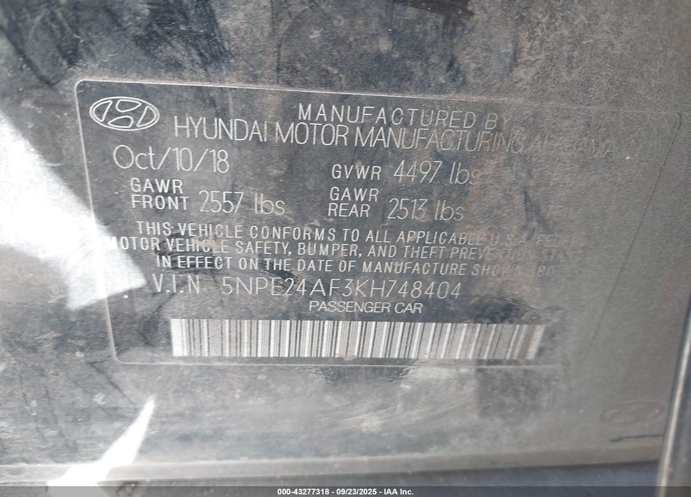 2019 HYUNDAI SONATA VIN: 5NPE24AF3KH748404