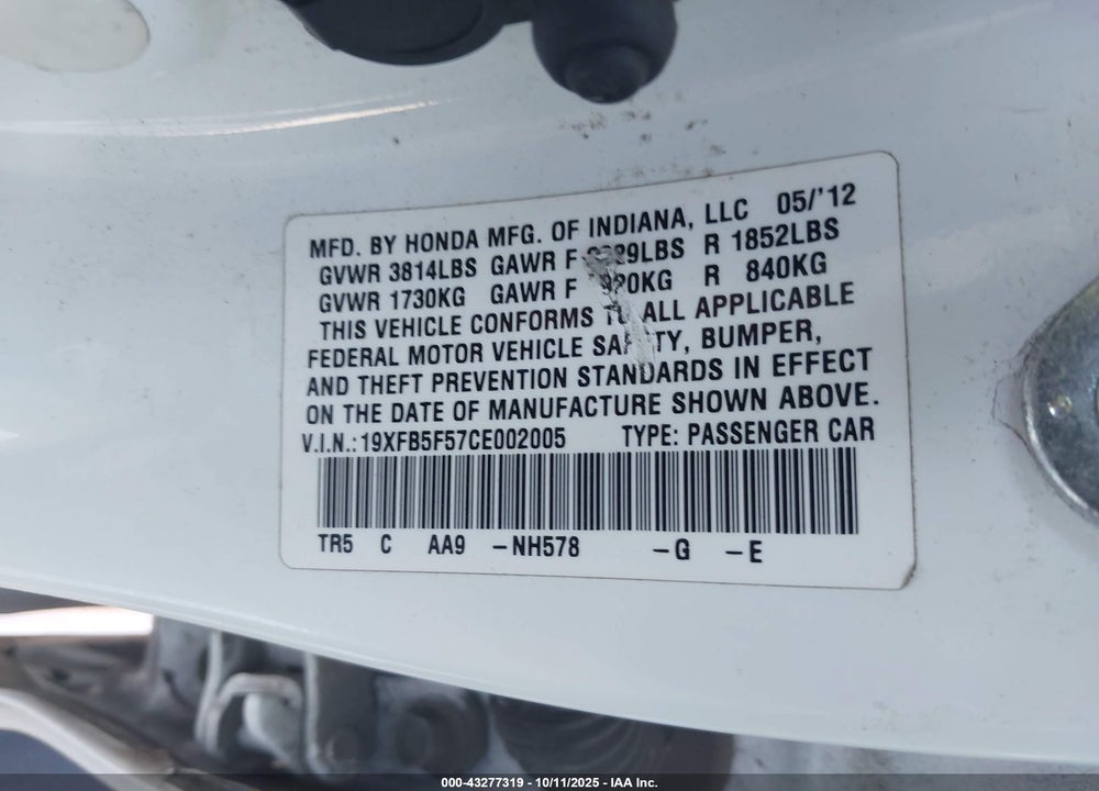 2012 HONDA CIVIC VIN: 19XFB5F57CE002005