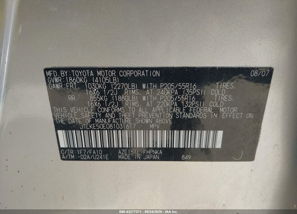 2008 SCION XB VIN: JTLKE50E081031617