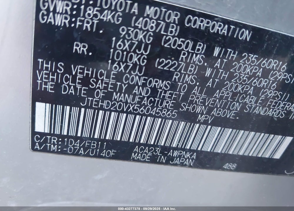 2005 TOYOTA RAV4 VIN: JTEHD20VX56045865