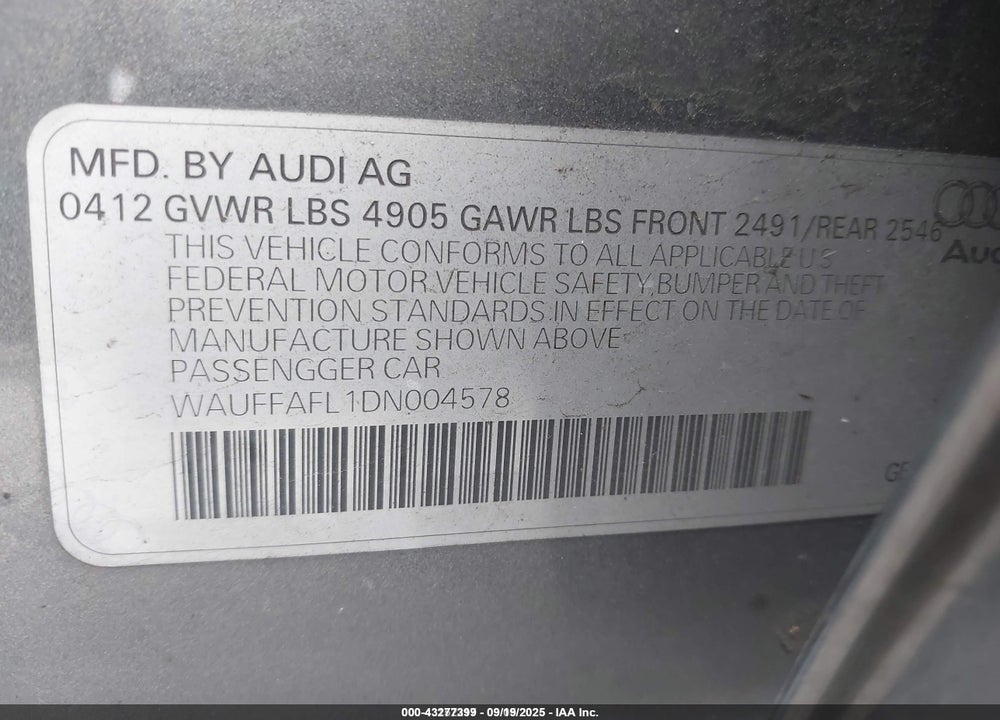 2013 AUDI A4 2.0T PREMIUM VIN: WAUFFAFL1DN004578