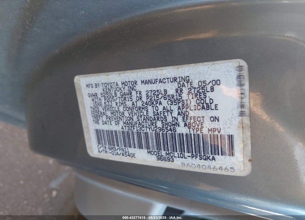 2000 TOYOTA SIENNA LE VIN: 4T3ZF13C7YU296546