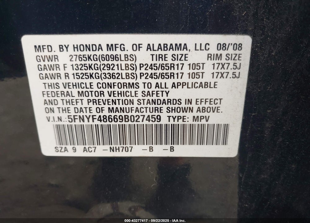 2009 HONDA PILOT VIN: 5FNYF48669B027459