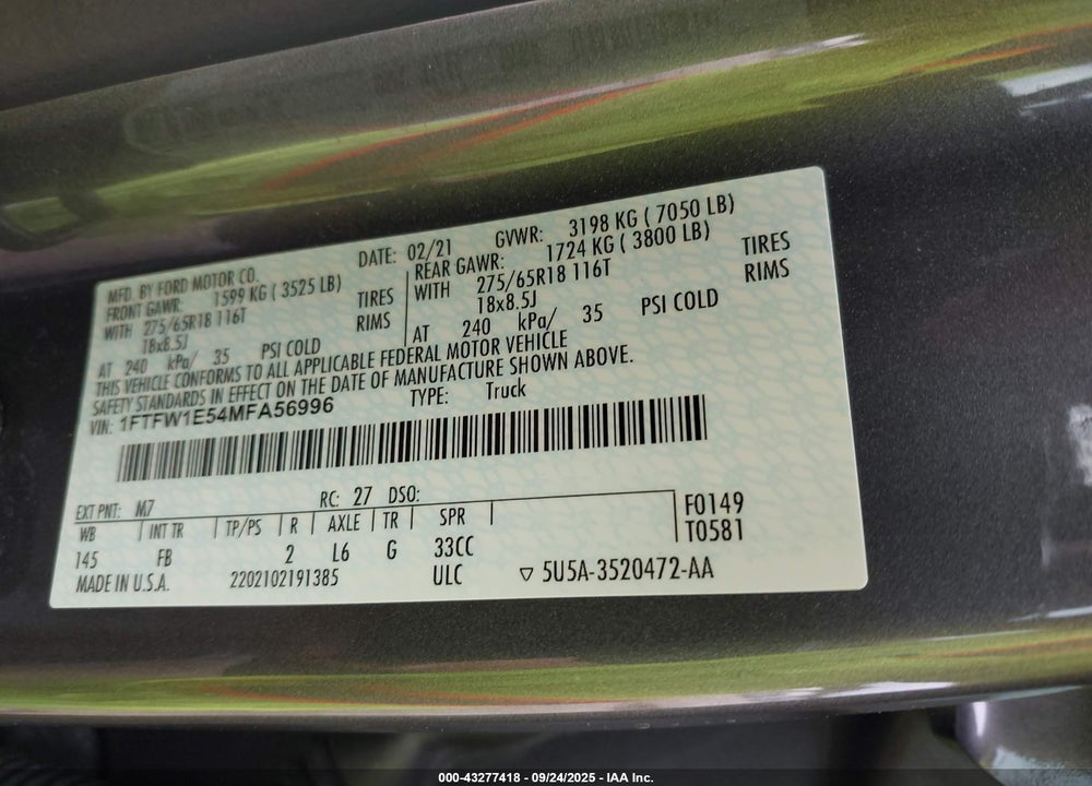 2021 FORD F-150 VIN: 1FTFW1E54MFA56996