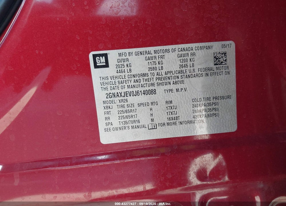 2018 CHEVROLET EQUINOX LT VIN: 2GNAXJEV0J6140088