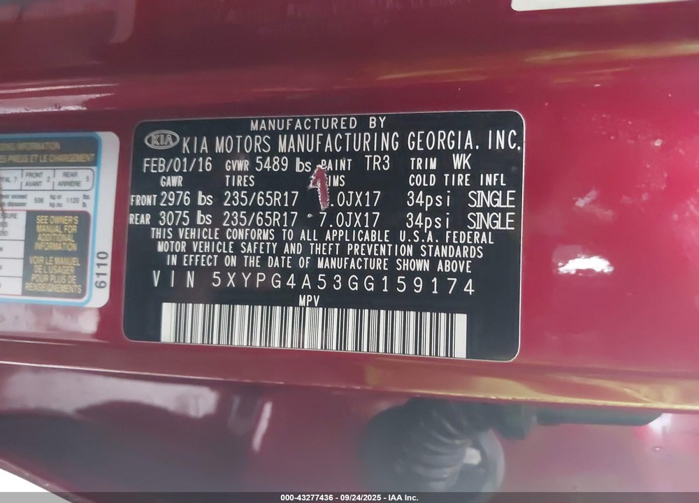 2016 KIA SORENTO 3.3L LX VIN: 5XYPG4A53GG159174