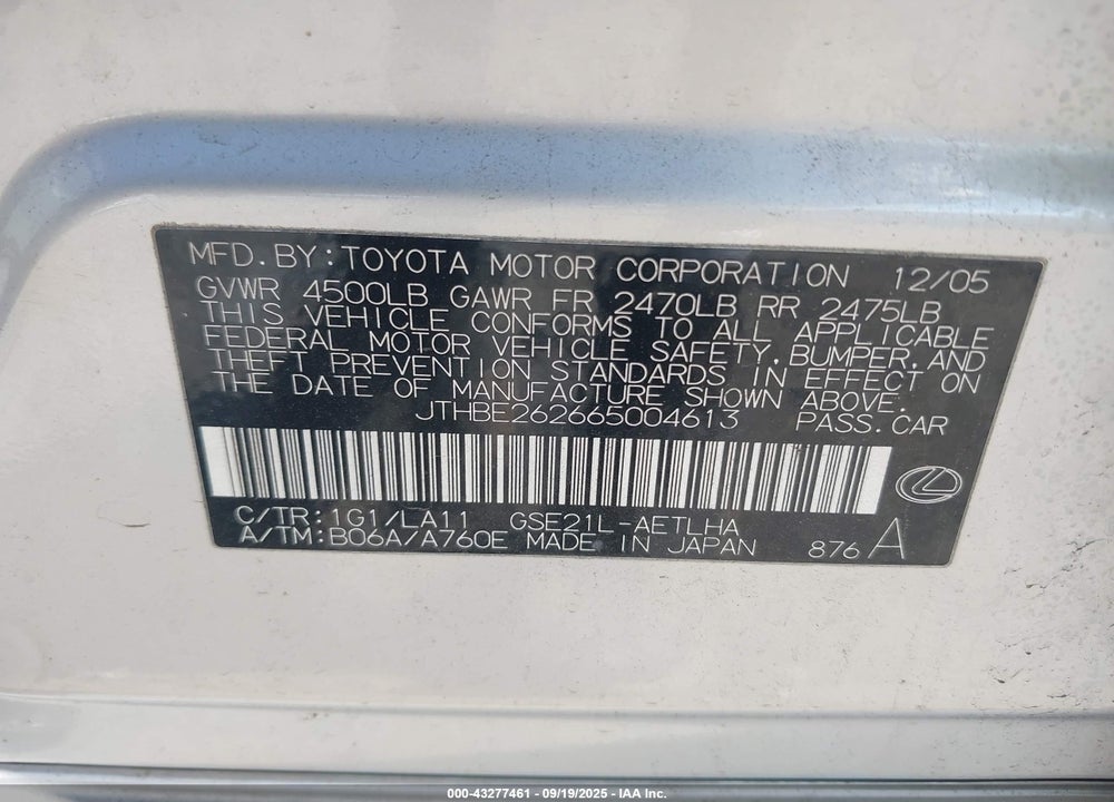 2006 LEXUS IS 350 VIN: JTHBE262665004613