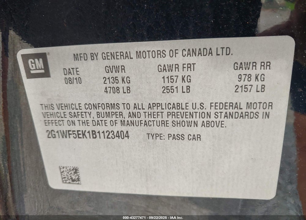 2011 CHEVROLET IMPALA LS VIN: 2G1WF5EK1B1123404