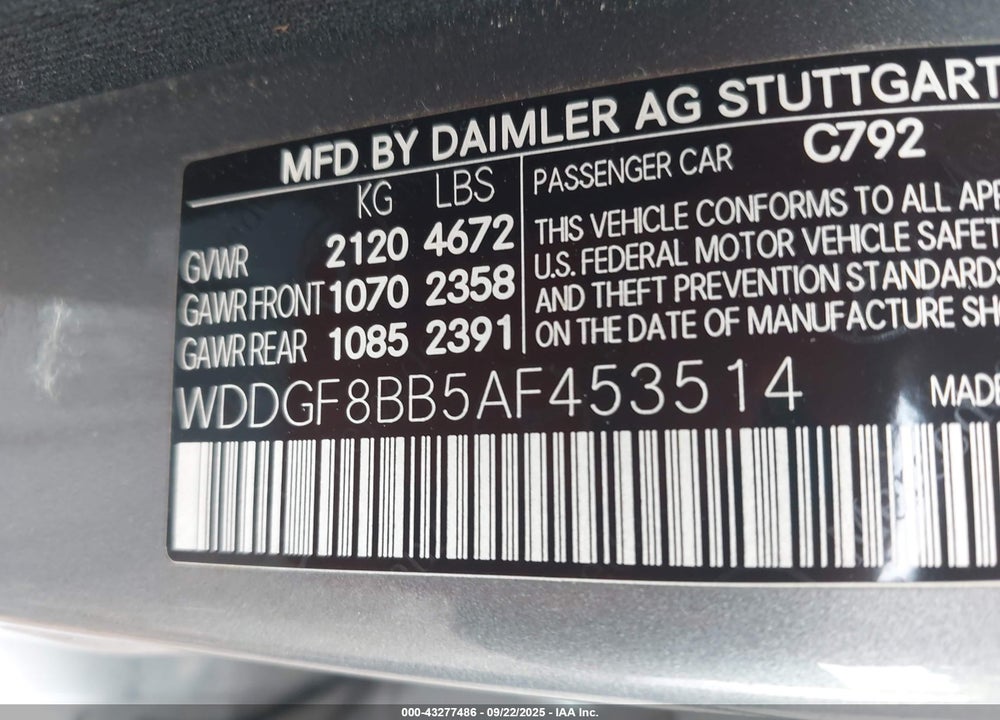 2010 MERCEDES-BENZ C CLASS VIN: WDDGF8BB5AF453514
