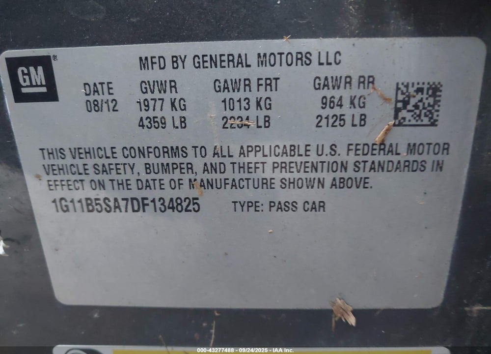 2013 CHEVROLET MALIBU VIN: 1G11B5SA7DF134825
